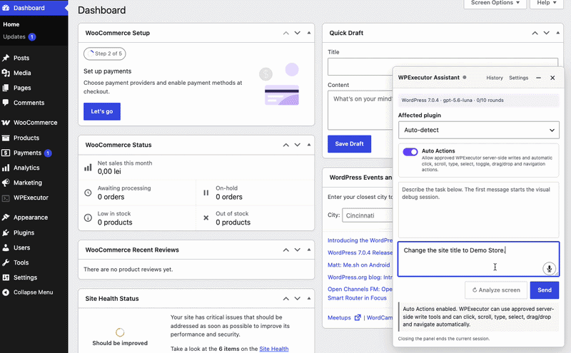 WPExecutor Assistant panel in the WordPress dashboard automatically clicking through Settings to change the site title after receiving a typed command